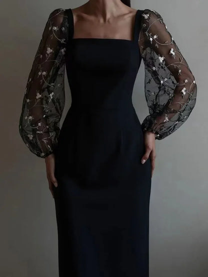 Charlotte - Women's formal party midi dress with square neck and long sleeve