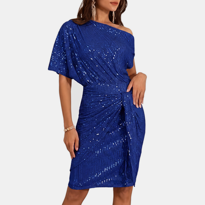 Charlotte - Women's glitter one shoulder party dress with twist wrap front