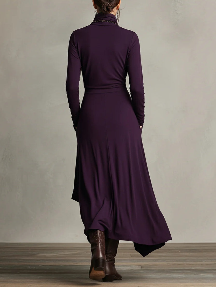 Charlotte - Women's long sleeve maxi dress with draped wrap front and turtleneck