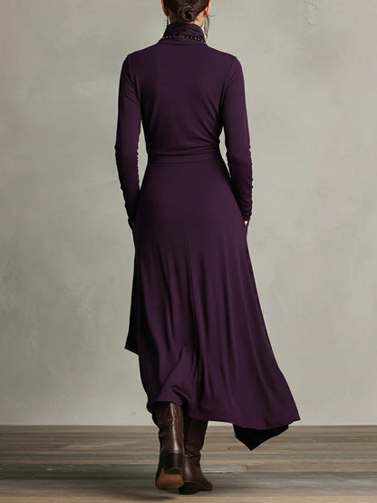 Charlotte - Women's long sleeve maxi dress with draped wrap front and turtleneck