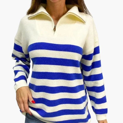 Charlotte - Women's striped knitted quarter zip jumper with relaxed long sleeve