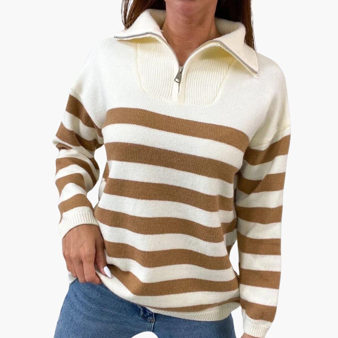 Charlotte - Women's striped knitted quarter zip jumper with relaxed long sleeve