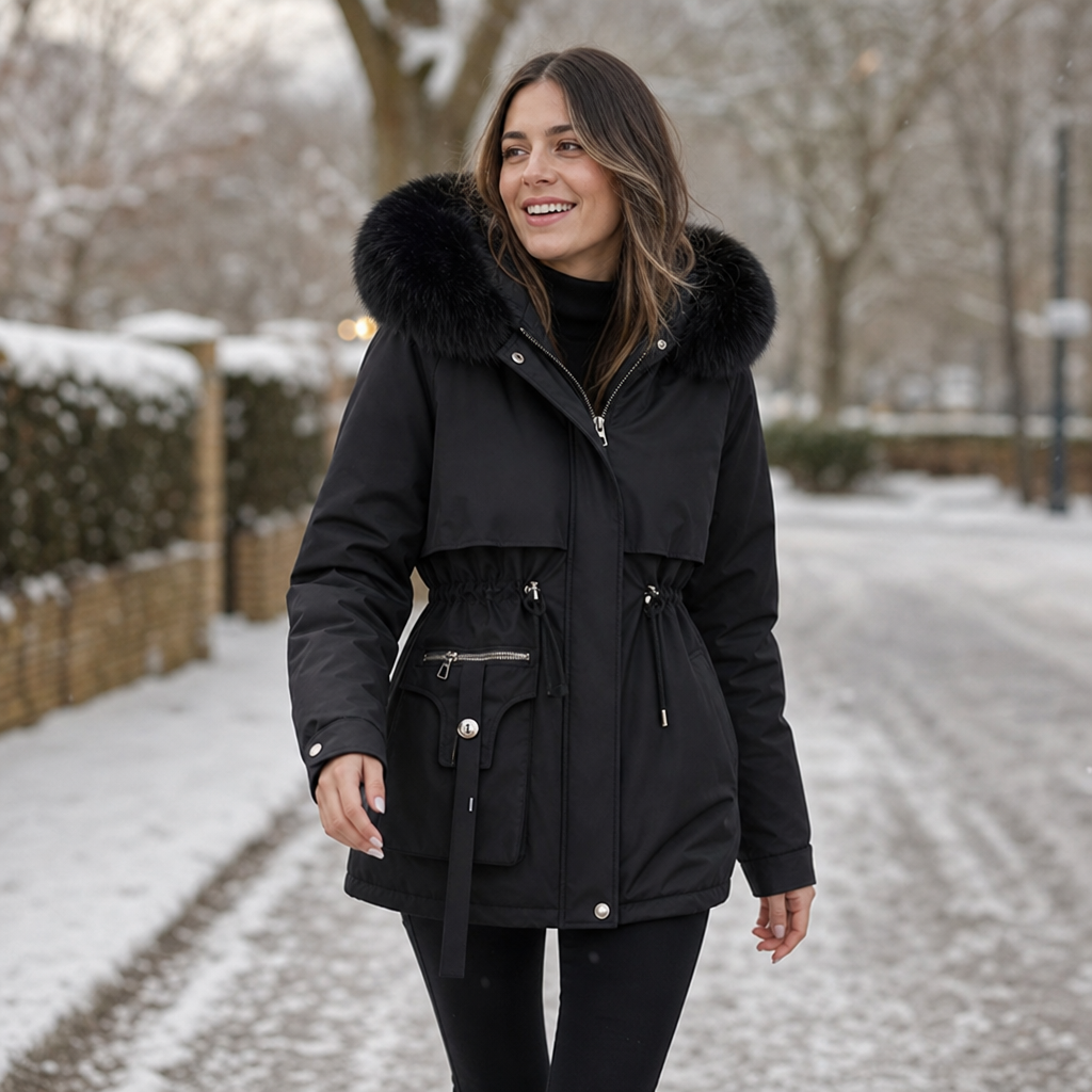 Charlotte - Women’s warm hooded winter coat with drawstring waist and zip front