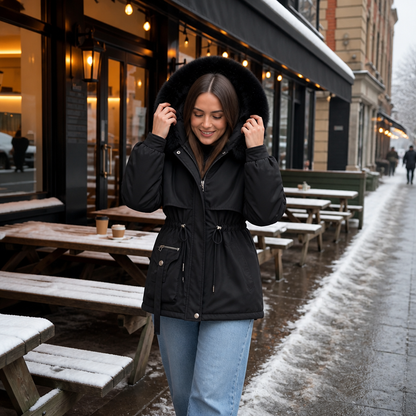 Charlotte - Women’s warm hooded winter coat with drawstring waist and zip front