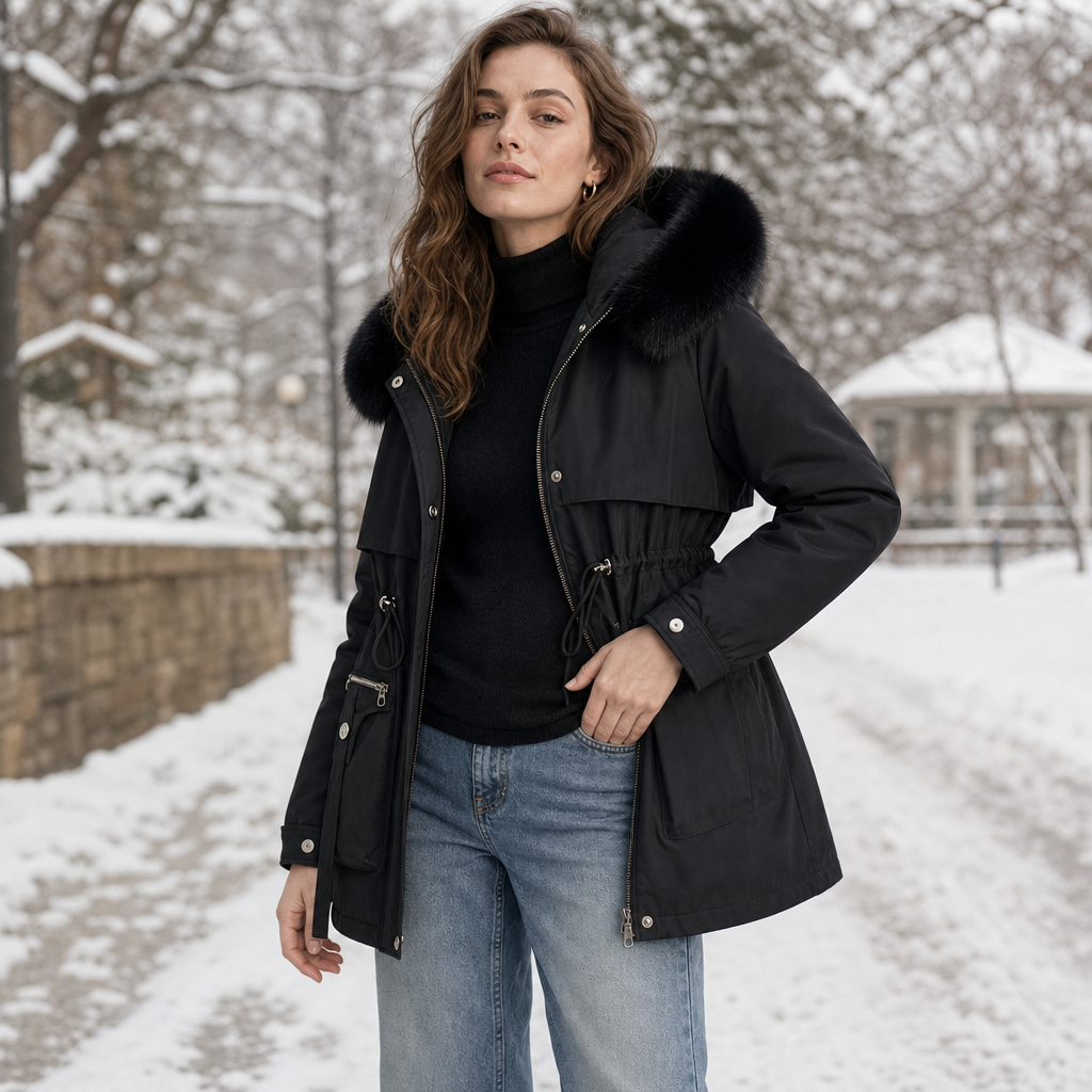 Charlotte - Women’s warm hooded winter coat with drawstring waist and zip front