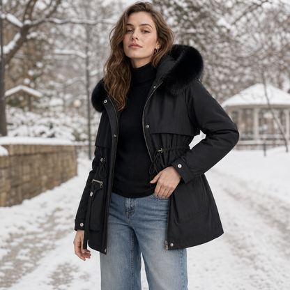 Charlotte - Women’s warm hooded winter coat with drawstring waist and zip front