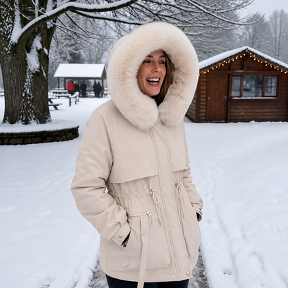 Charlotte - Women’s warm hooded winter coat with drawstring waist and zip front
