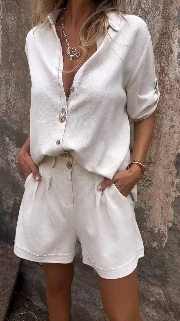 Chloe - Casual Women's Linen Set with Button Shirt and Tailored Shorts