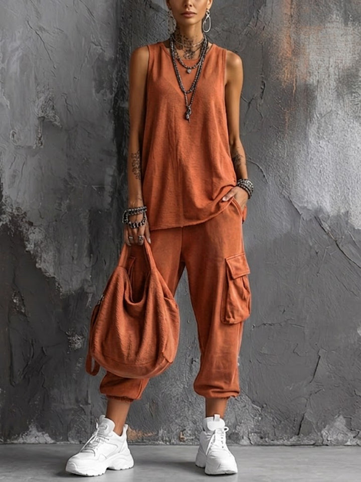 Chloe - Casual Women's Linen Set with Sleeveless Top and Cargo Trousers