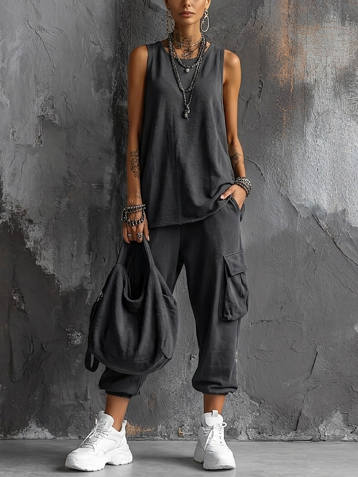 Chloe - Casual Women's Linen Set with Sleeveless Top and Cargo Trousers