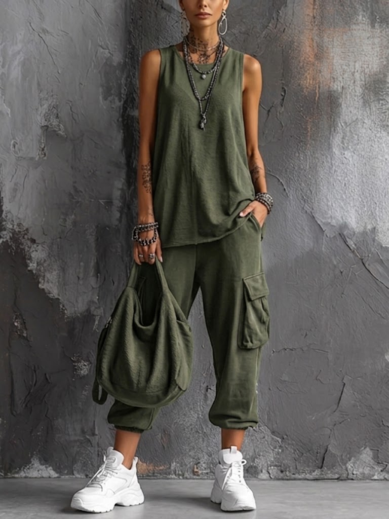 Chloe - Casual Women's Linen Set with Sleeveless Top and Cargo Trousers