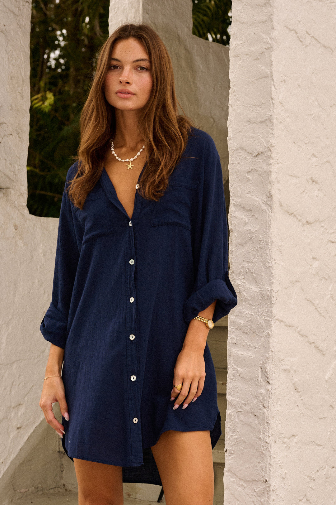 Chloe - Casual Women's Linen Shirt Dress with Chest Pockets and Roll Up Sleeves