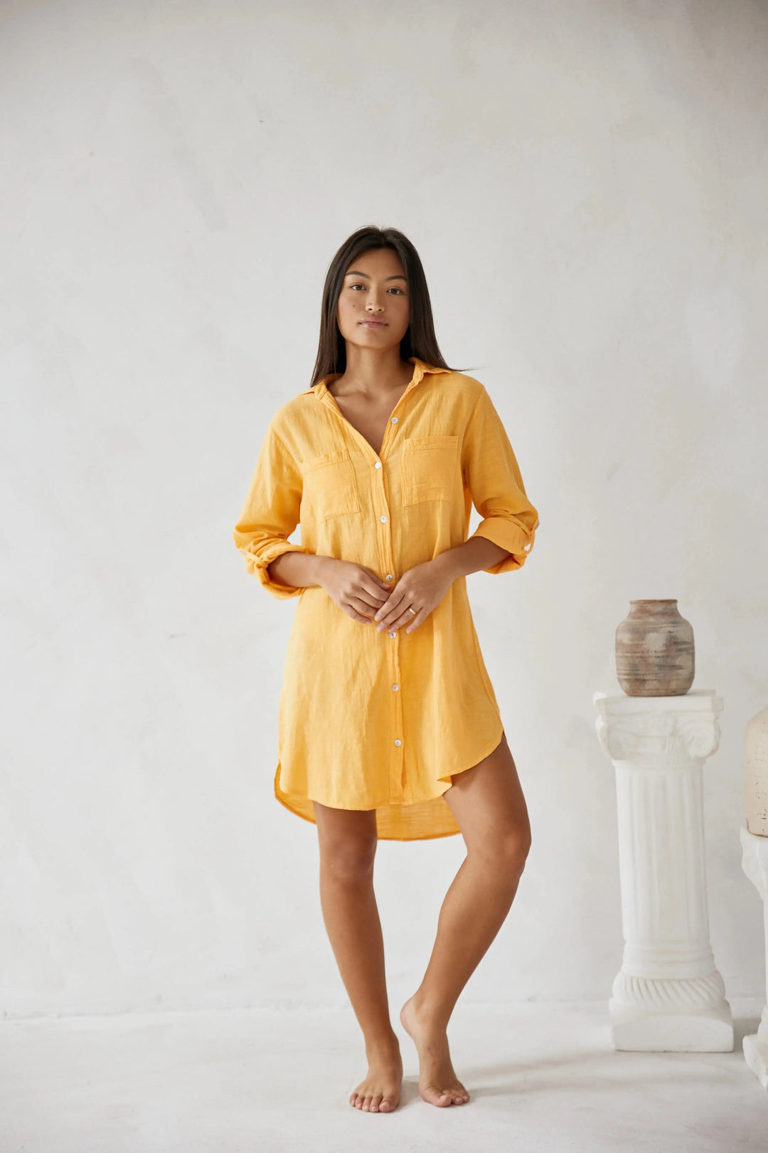 Chloe - Casual Women's Linen Shirt Dress with Chest Pockets and Roll Up Sleeves