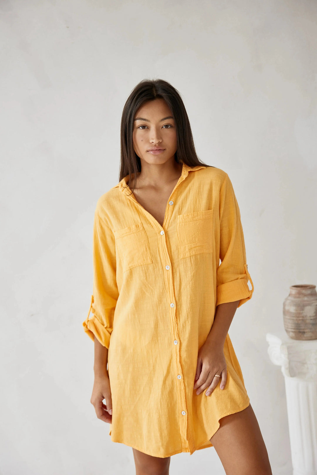 Chloe - Casual Women's Linen Shirt Dress with Chest Pockets and Roll Up Sleeves