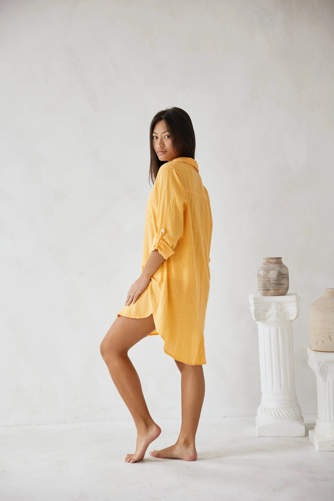 Chloe - Casual Women's Linen Shirt Dress with Chest Pockets and Roll Up Sleeves