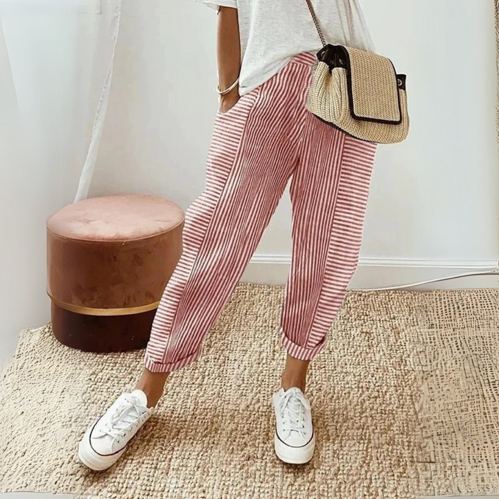 Chloe - Casual Women's Linen Trousers with Striped Cropped Wide Leg