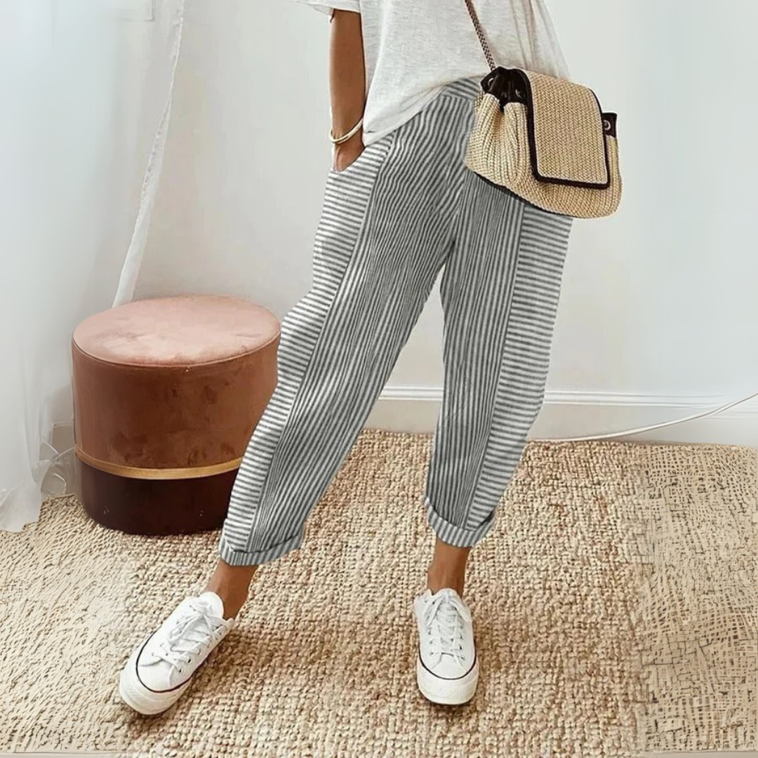Chloe - Casual Women's Linen Trousers with Striped Cropped Wide Leg