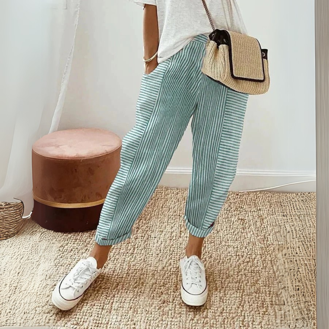Chloe - Casual Women's Linen Trousers with Striped Cropped Wide Leg