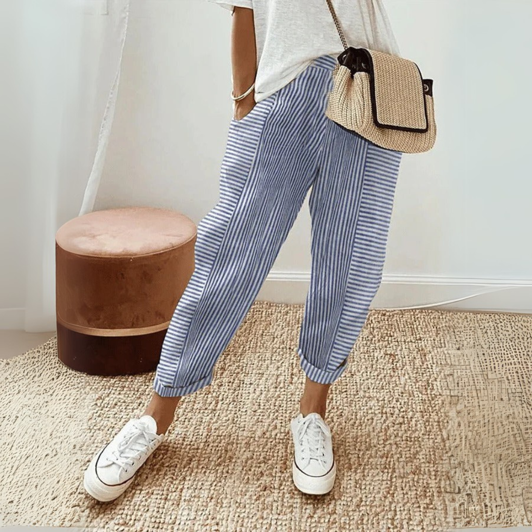 Chloe - Casual Women's Linen Trousers with Striped Cropped Wide Leg