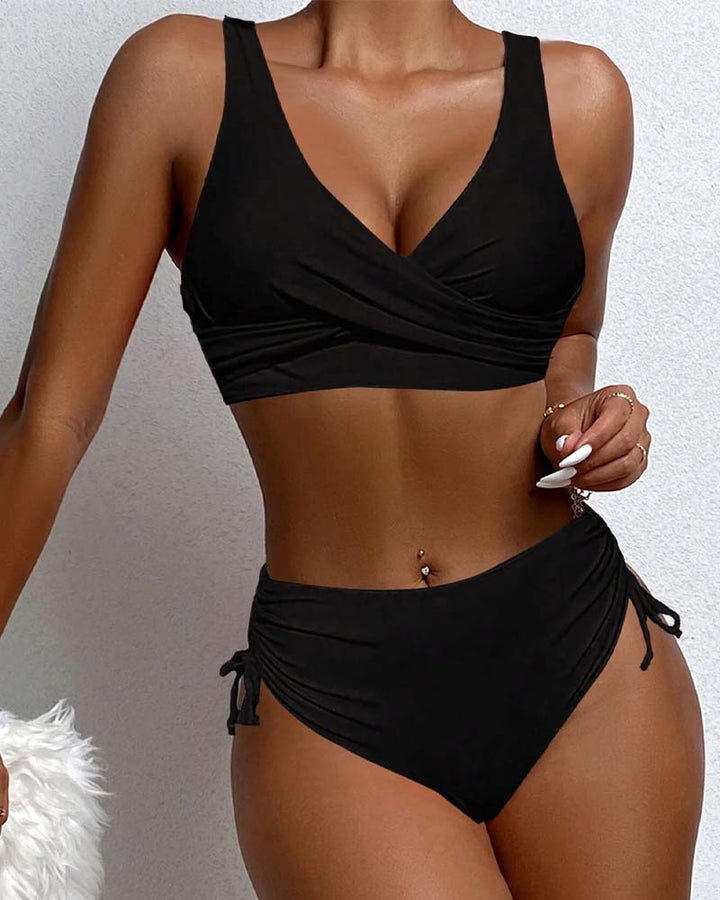 Chloe - Casual Women's Swimsuit Bikini Set with Wrap V Neck Top and High Waist Ruched Bottoms
