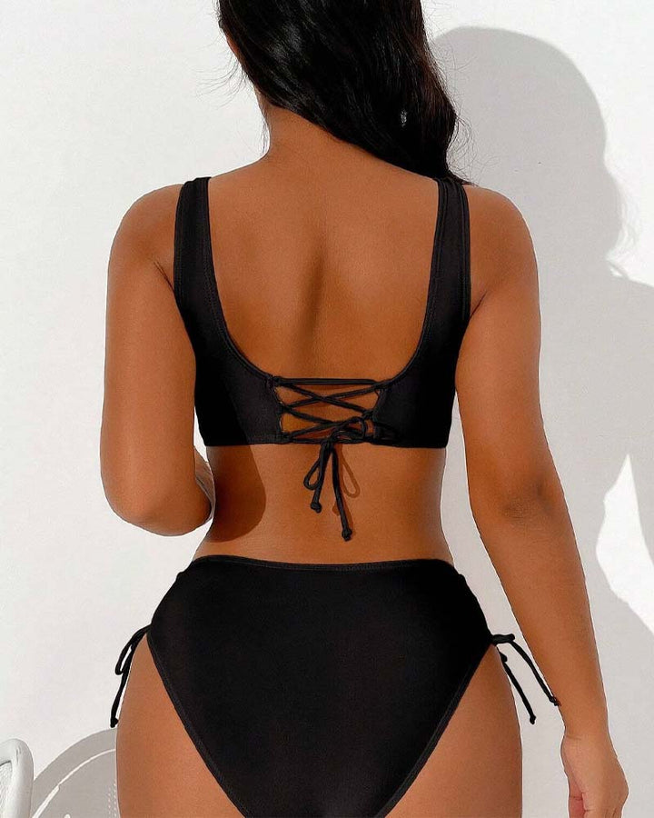 Chloe - Casual Women's Swimsuit Bikini Set with Wrap V Neck Top and High Waist Ruched Bottoms