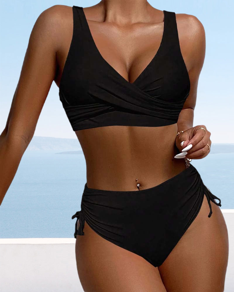 Chloe - Casual Women's Swimsuit Bikini Set with Wrap V Neck Top and High Waist Ruched Bottoms