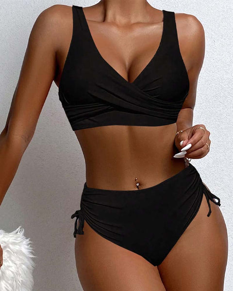 Chloe - Casual Women's Swimsuit Bikini Set with Wrap V Neck Top and High Waist Ruched Bottoms