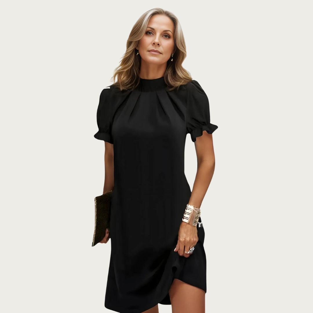 Chloe - Chic Women's Wedding Guest Mini Dress with Mock Neck and Puff Sleeves