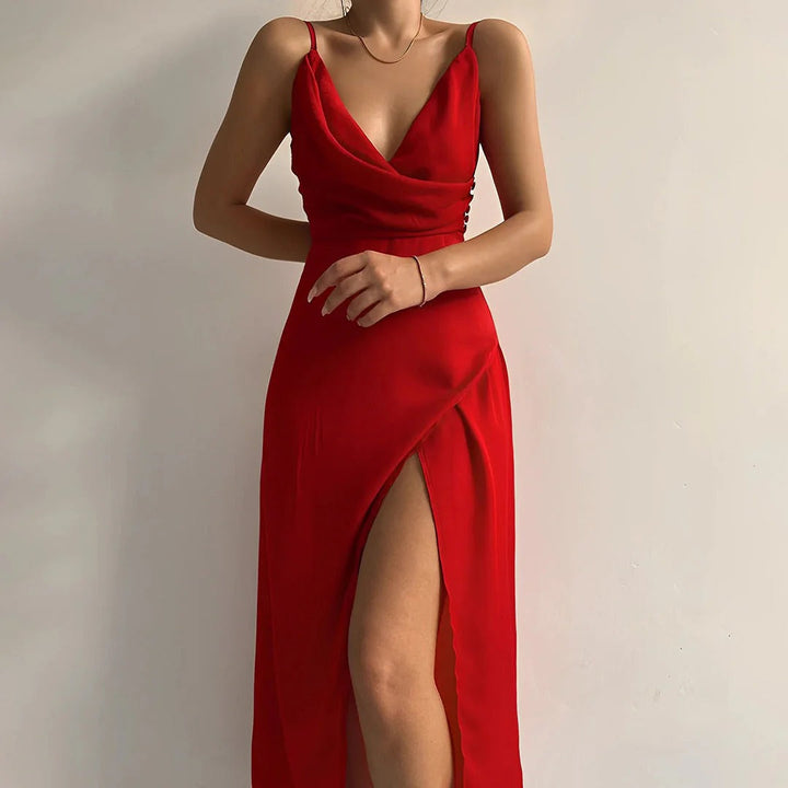 Chloe - Elegant Women's Wedding Guest Dress with Cowl Neck and Thigh Split