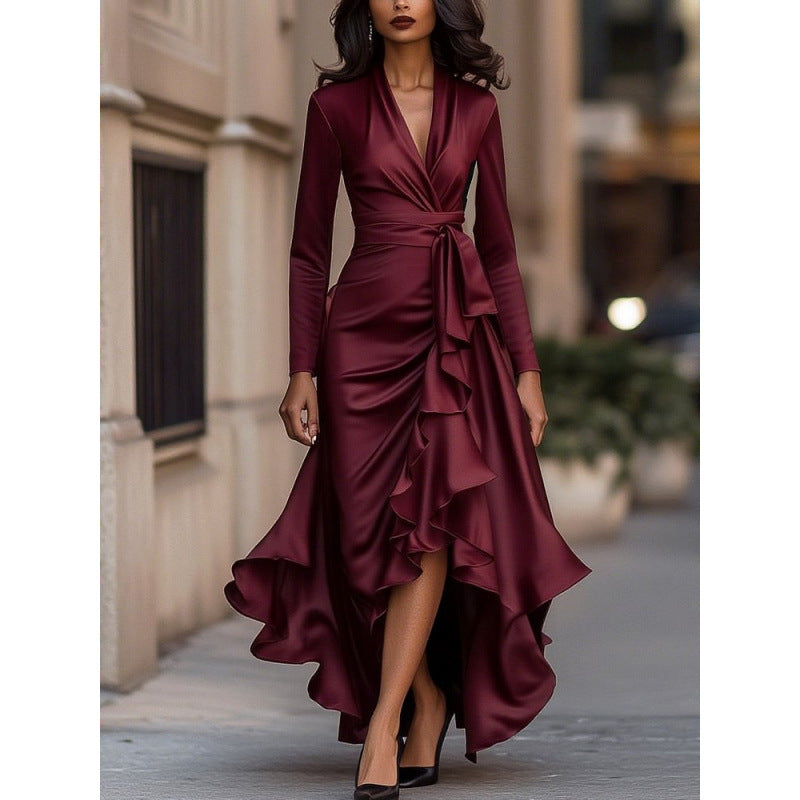 Chloe - Elegant Women's Wrap Dress with V-Neck and Tie Waist and Ruffle Hem