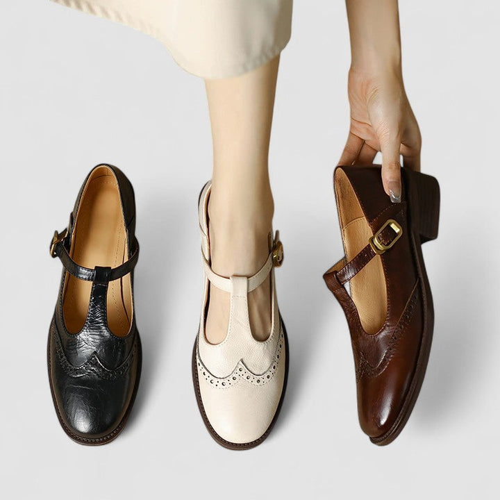 Chloe - Vintage Women's Orthopedic Mary Jane Shoes with Brogue Detail and T-Bar Strap