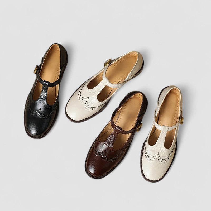 Chloe - Vintage Women's Orthopedic Mary Jane Shoes with Brogue Detail and T-Bar Strap