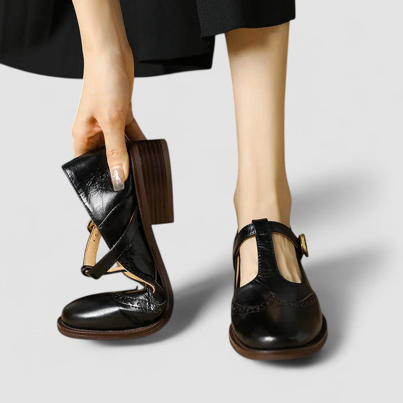 Chloe - Vintage Women's Orthopedic Mary Jane Shoes with Brogue Detail and T-Bar Strap