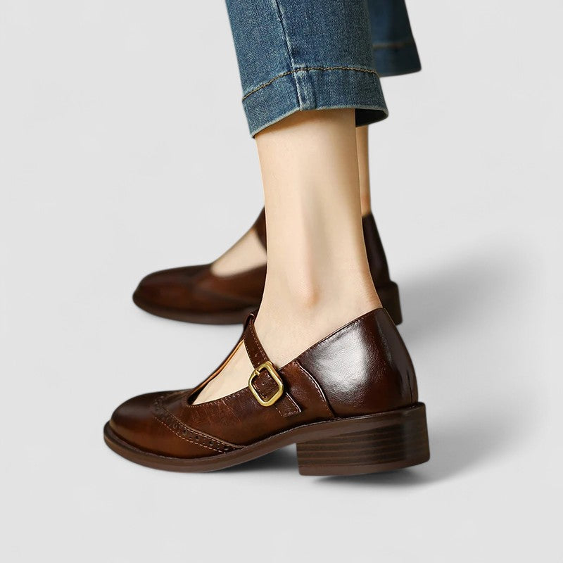 Chloe - Vintage Women's Orthopedic Mary Jane Shoes with Brogue Detail and T-Bar Strap
