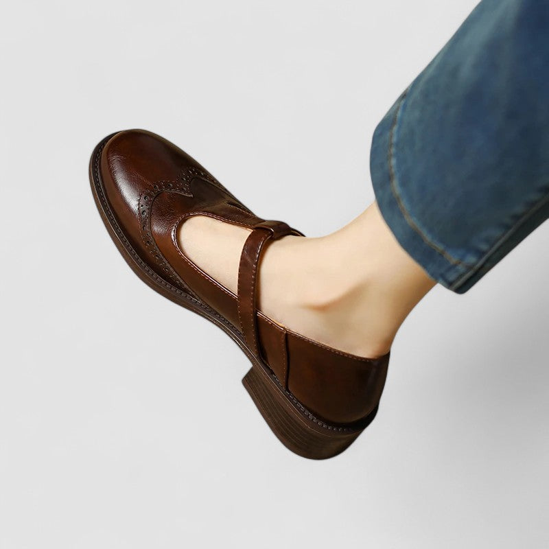 Chloe - Vintage Women's Orthopedic Mary Jane Shoes with Brogue Detail and T-Bar Strap