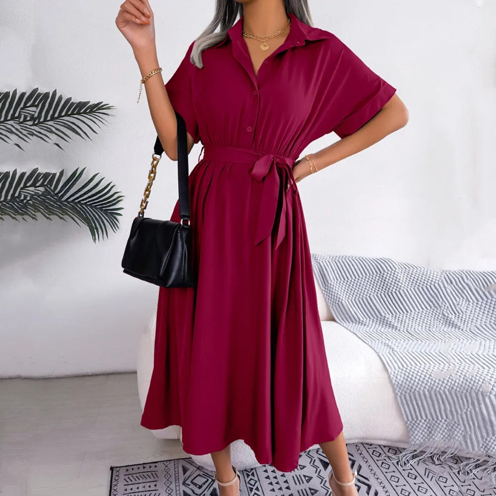 Clara - Chic Women's Wedding Guest Dress with Shirt Collar and Tie Waist