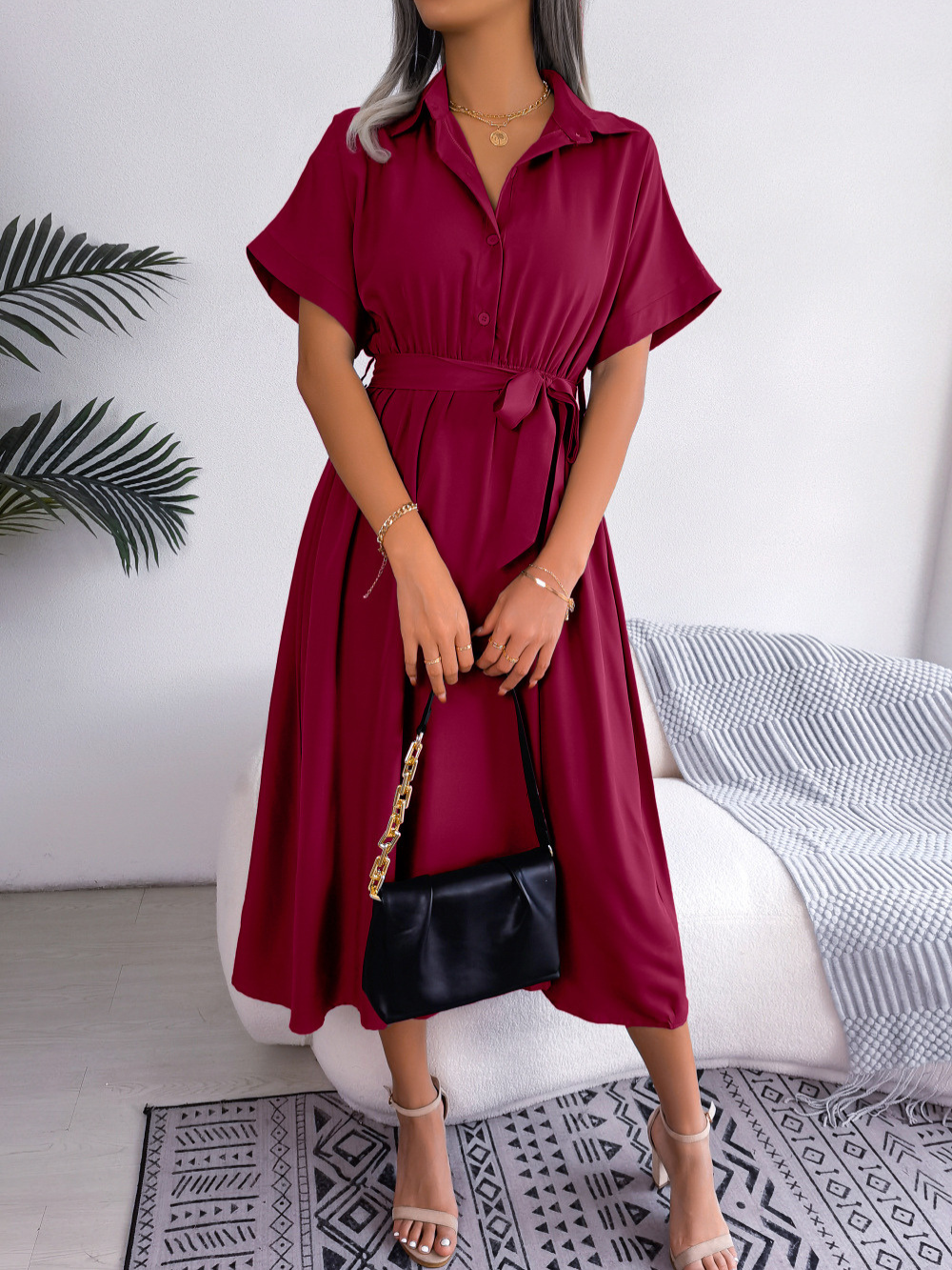 Clara - Chic Women's Wedding Guest Dress with Shirt Collar and Tie Waist
