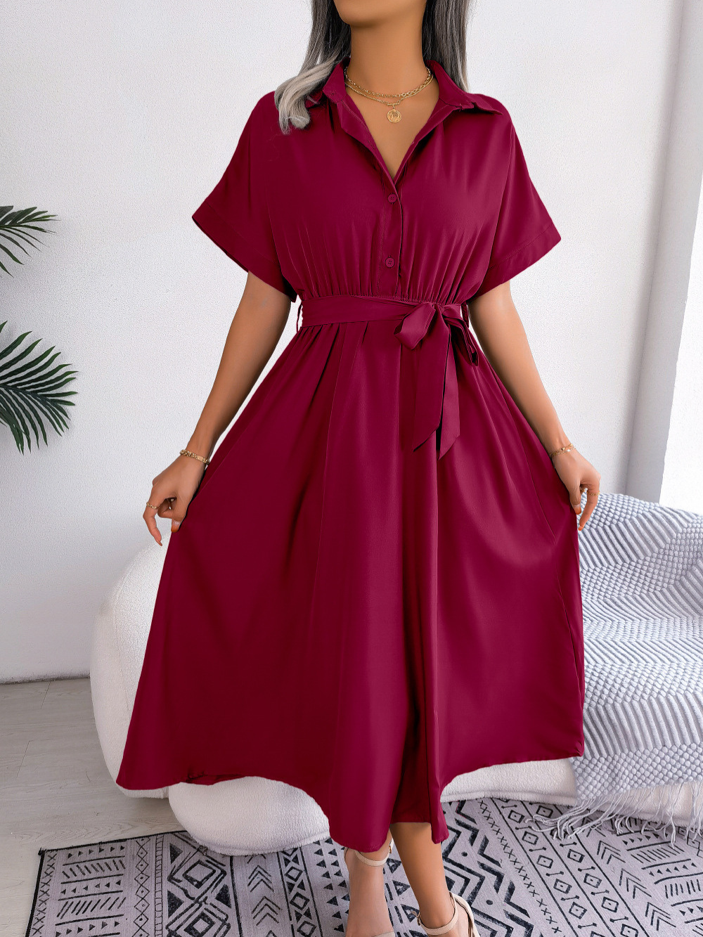 Clara - Chic Women's Wedding Guest Dress with Shirt Collar and Tie Waist