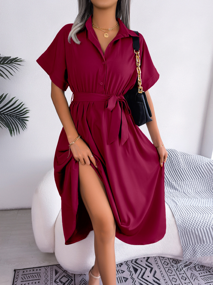 Clara - Chic Women's Wedding Guest Dress with Shirt Collar and Tie Waist