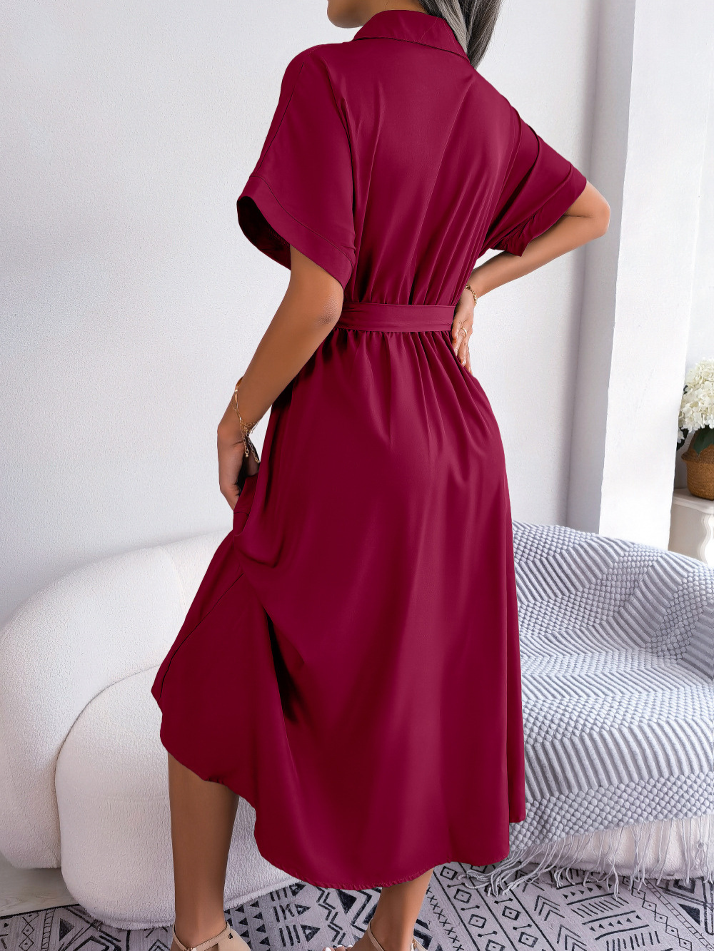 Clara - Chic Women's Wedding Guest Dress with Shirt Collar and Tie Waist