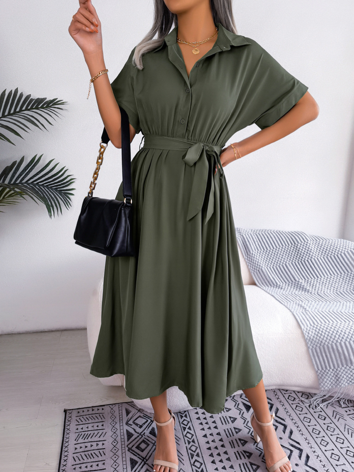Clara - Chic Women's Wedding Guest Dress with Shirt Collar and Tie Waist