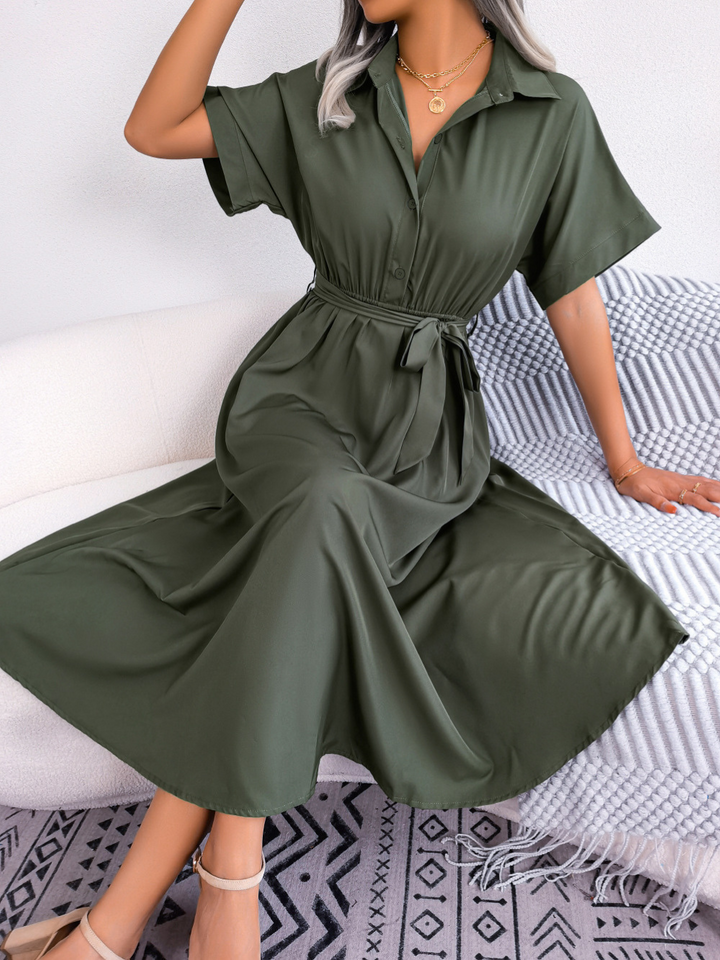 Clara - Chic Women's Wedding Guest Dress with Shirt Collar and Tie Waist