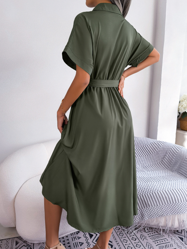 Clara - Chic Women's Wedding Guest Dress with Shirt Collar and Tie Waist