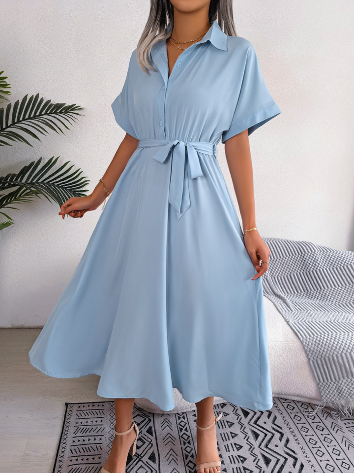 Clara - Chic Women's Wedding Guest Dress with Shirt Collar and Tie Waist
