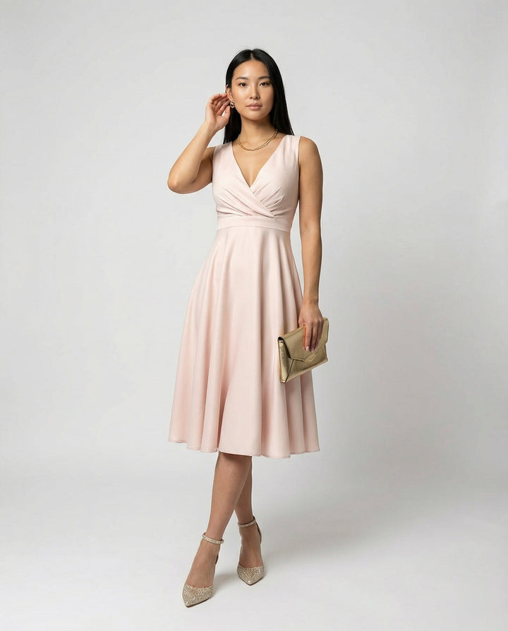 Clara - Elegant Women's Wedding Guest Midi Dress with V Neck and Flared Skirt