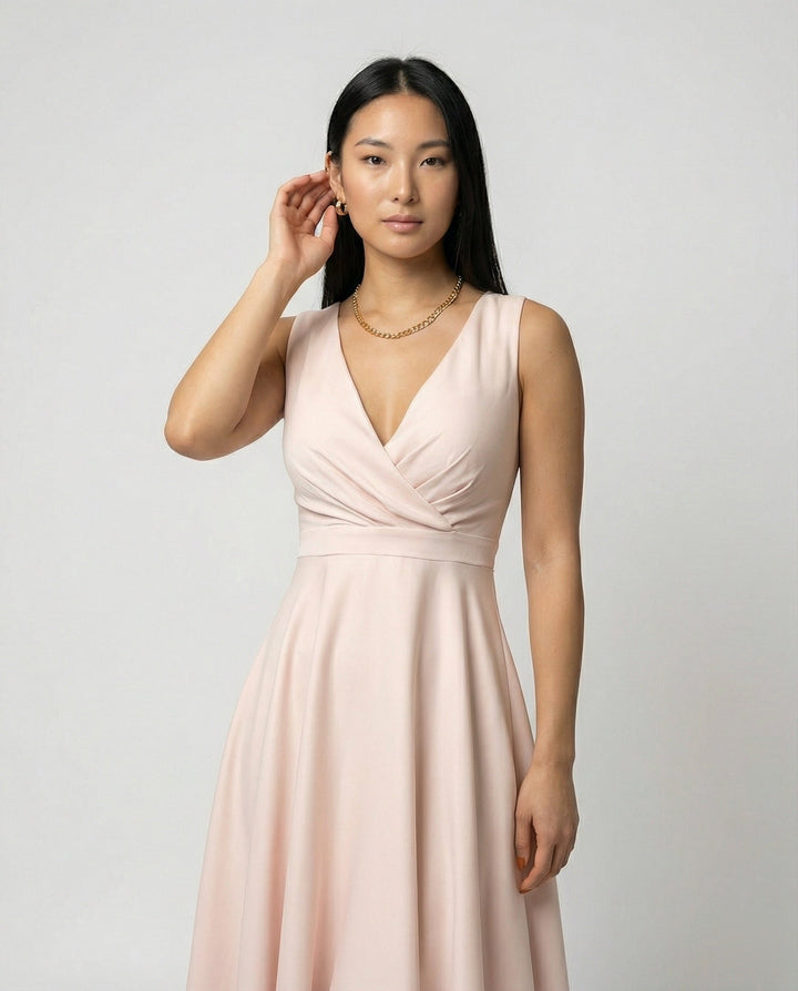 Clara - Elegant Women's Wedding Guest Midi Dress with V Neck and Flared Skirt