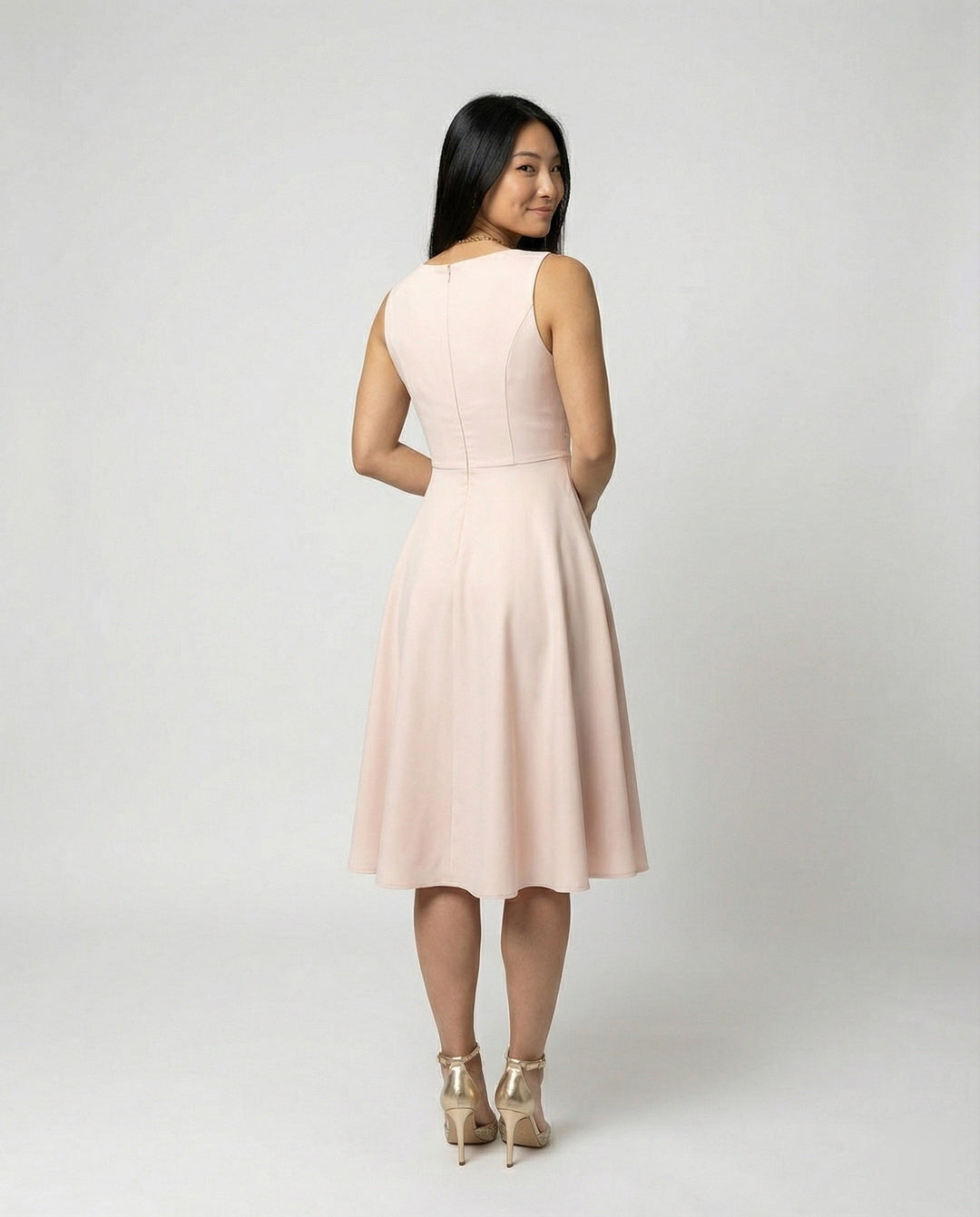 Clara - Elegant Women's Wedding Guest Midi Dress with V Neck and Flared Skirt