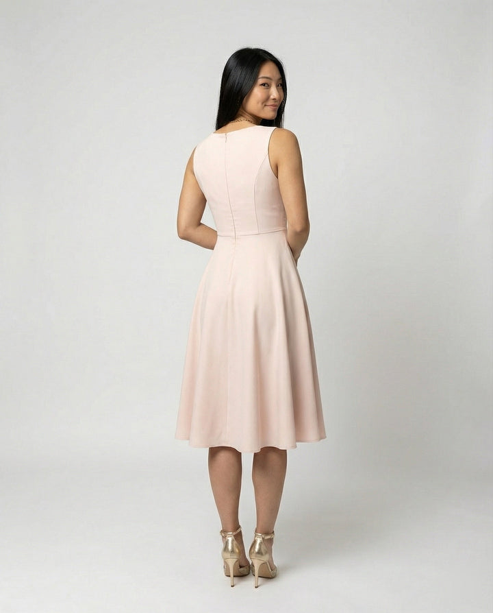 Clara - Elegant Women's Wedding Guest Midi Dress with V Neck and Flared Skirt