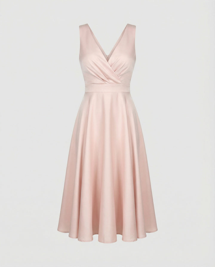 Clara - Elegant Women's Wedding Guest Midi Dress with V Neck and Flared Skirt