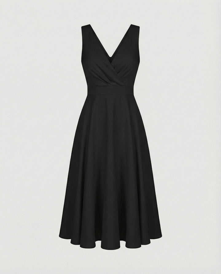 Clara - Elegant Women's Wedding Guest Midi Dress with V Neck and Flared Skirt